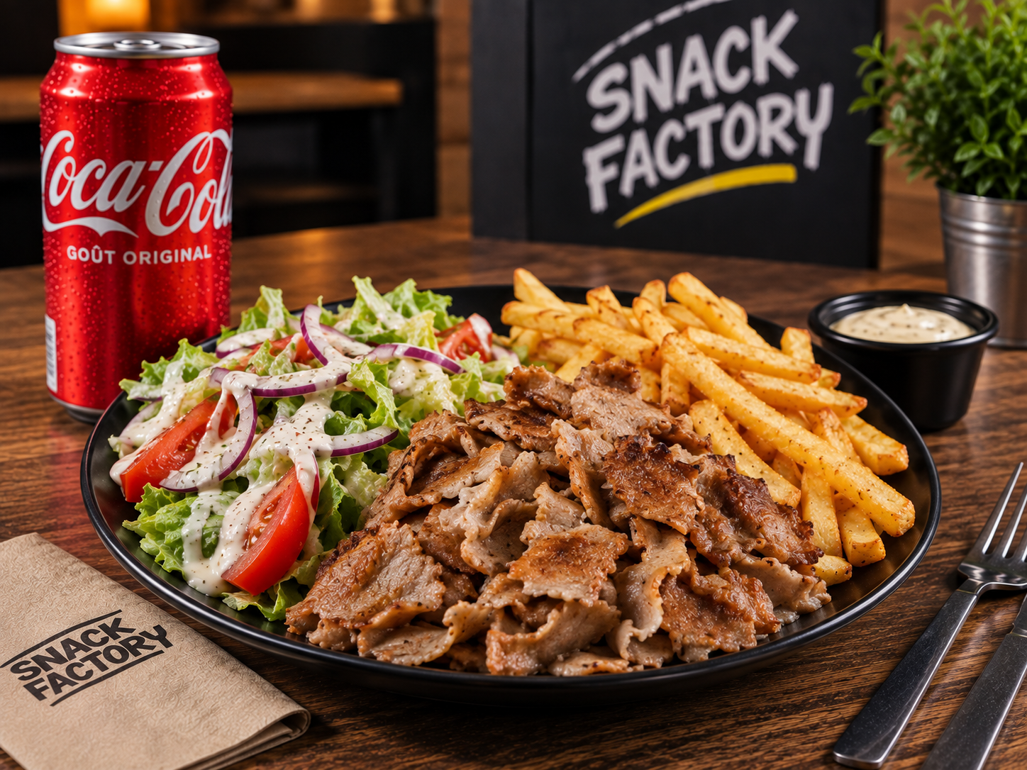 Assiette Kebab Snack Factory : viande, salade, frites et sauce, au comptoir Snack Factory