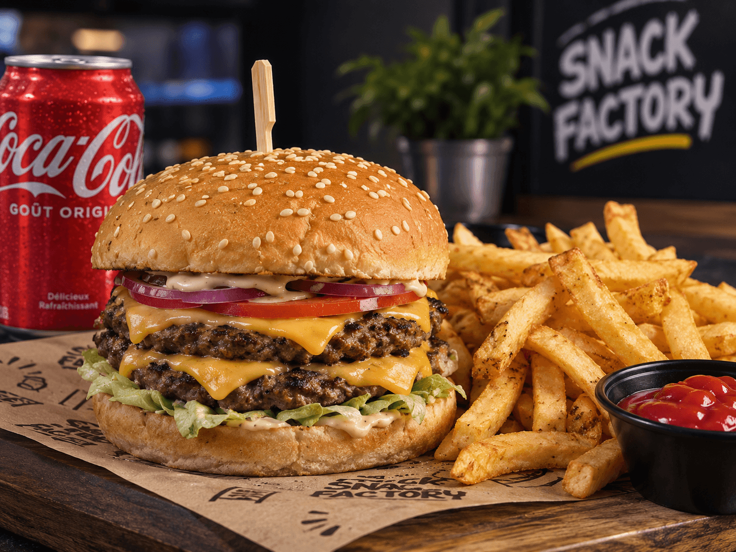 Double Cheese Snack Factory généreux, servi avec frites, au comptoir Snack Factory